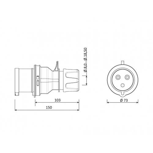 BEMİS 3/32A Düz Fiş CEE Norm 220V IP44 - Polyamid Gövde, 2P+E Bağlantı - 2