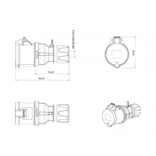 BEMİS 3/32A Uzatma Priz CEE Norm 220V IP44 - Yüksek Akım Kapasiteli, Su ve Toz Dayanıklı - 2