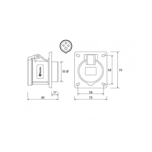 BEMİS 4/32A CEE Norm 380V IP44 Makine Priz 75x75mm Polyamid 6 Gövde - 2